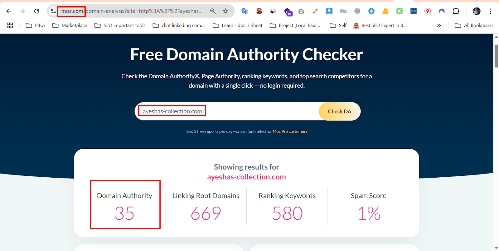 Image of Moz Domain Authority Screenshot